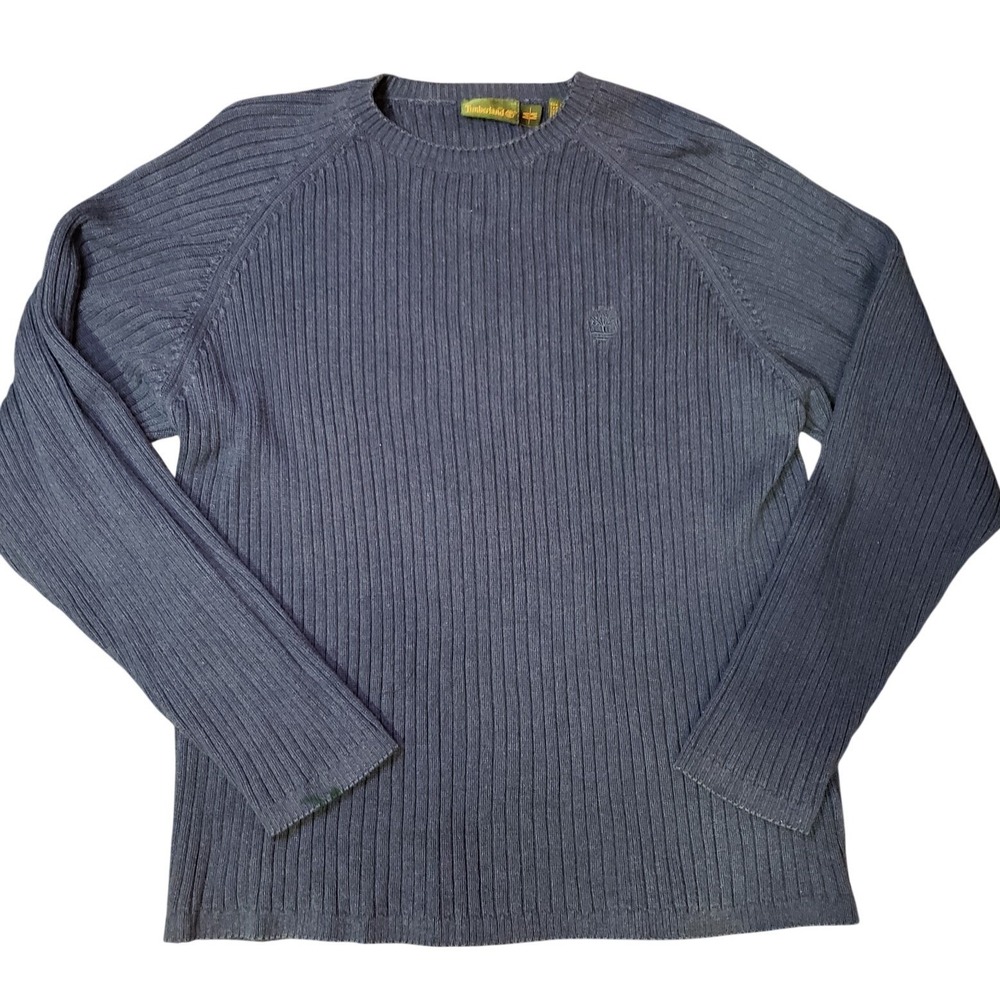 Timberland VTG Sweater Ribbed Knit Crew Neck Cotton Tree Logo Navy Blue Mens M